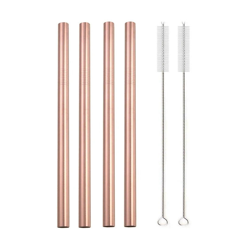 Reusable Stainless Steel Straws – 4pcs Wide Smoothie Straws with Cleaning Brush