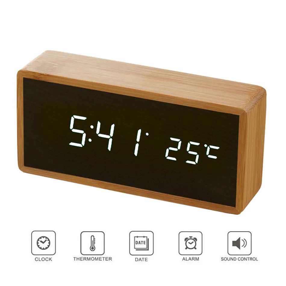 Bamboo LED Alarm Clock - Digital Mirror Clock with Temperature Display