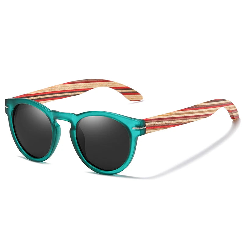 Polarised Oval Sunglasses with Wood Temples — UV400, Cat 3, Mirror Lens | S5092