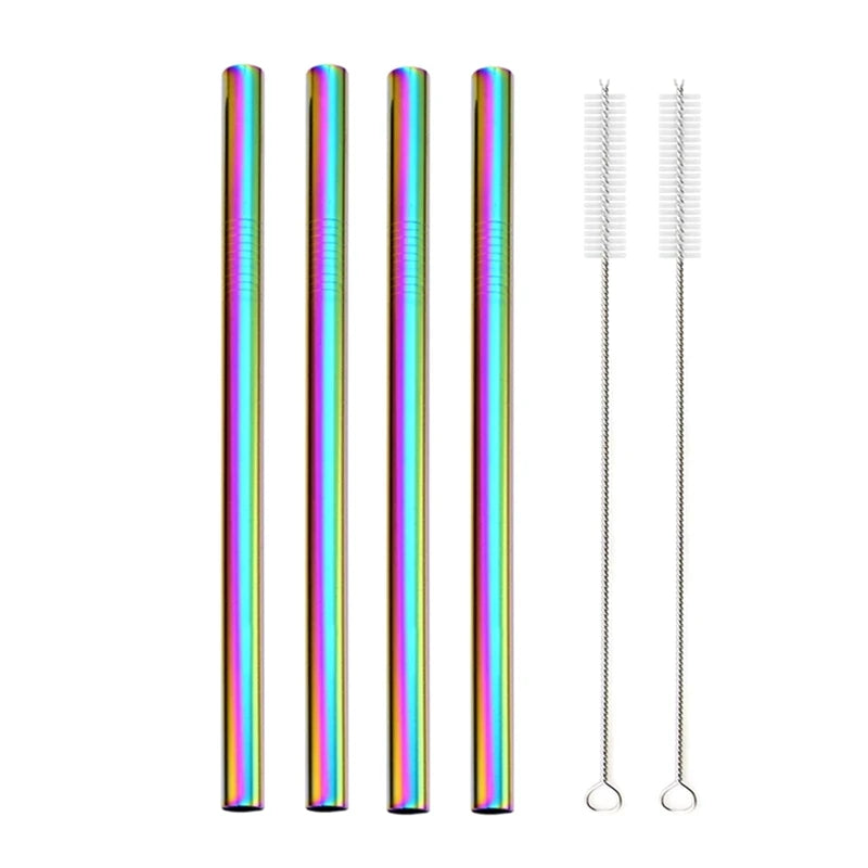 Reusable Stainless Steel Straws – 4pcs Wide Smoothie Straws with Cleaning Brush