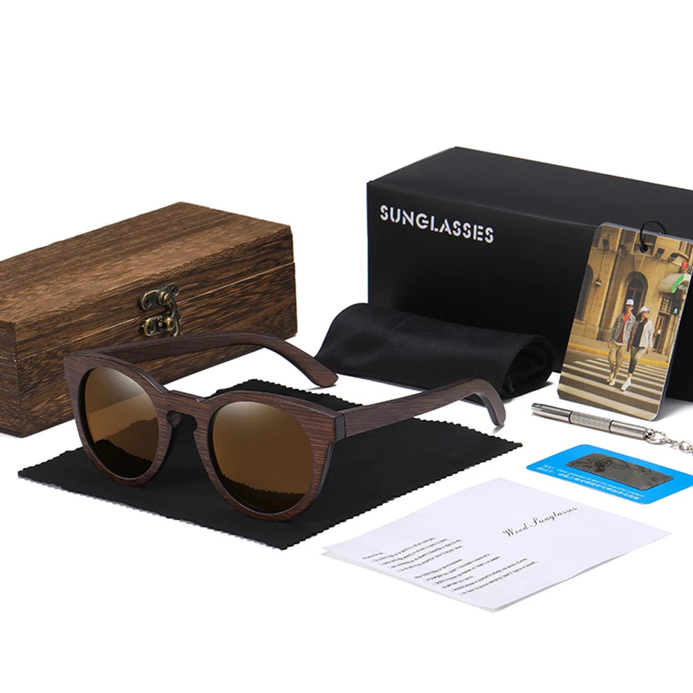 Oval Wood Sunglasses – Polarized Mirror UV400 Lenses | Unisex Round Style