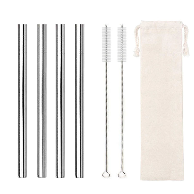 Reusable Stainless Steel Straws – 4pcs Wide Smoothie Straws with Cleaning Brush