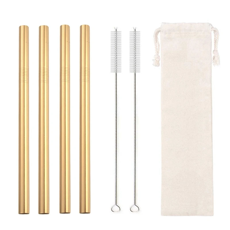 Reusable Stainless Steel Straws – 4pcs Wide Smoothie Straws with Cleaning Brush