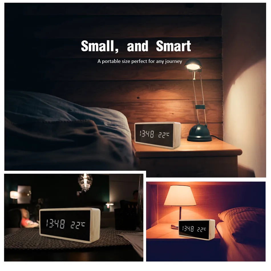 Bamboo LED Alarm Clock - Digital Mirror Clock with Temperature Display