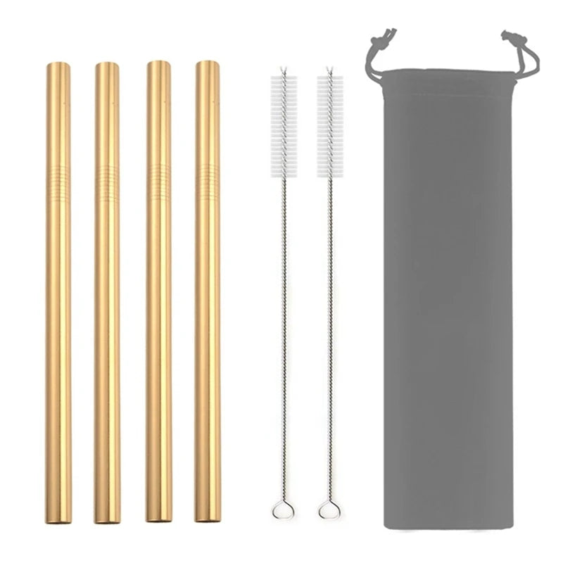 Reusable Stainless Steel Straws – 4pcs Wide Smoothie Straws with Cleaning Brush