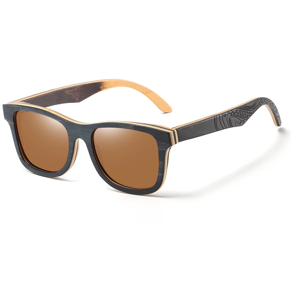 Polarised Sunglasses with Skateboard Wood Frame — UV400, Cat 3, Vintage Pilot Style | S5832