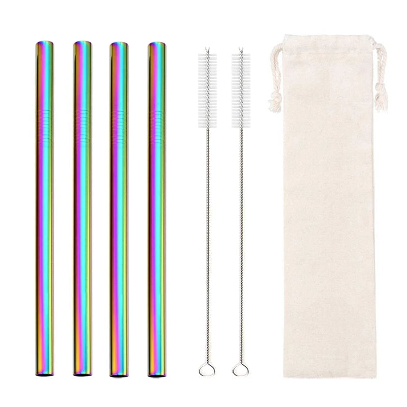 Reusable Stainless Steel Straws – 4pcs Wide Smoothie Straws with Cleaning Brush