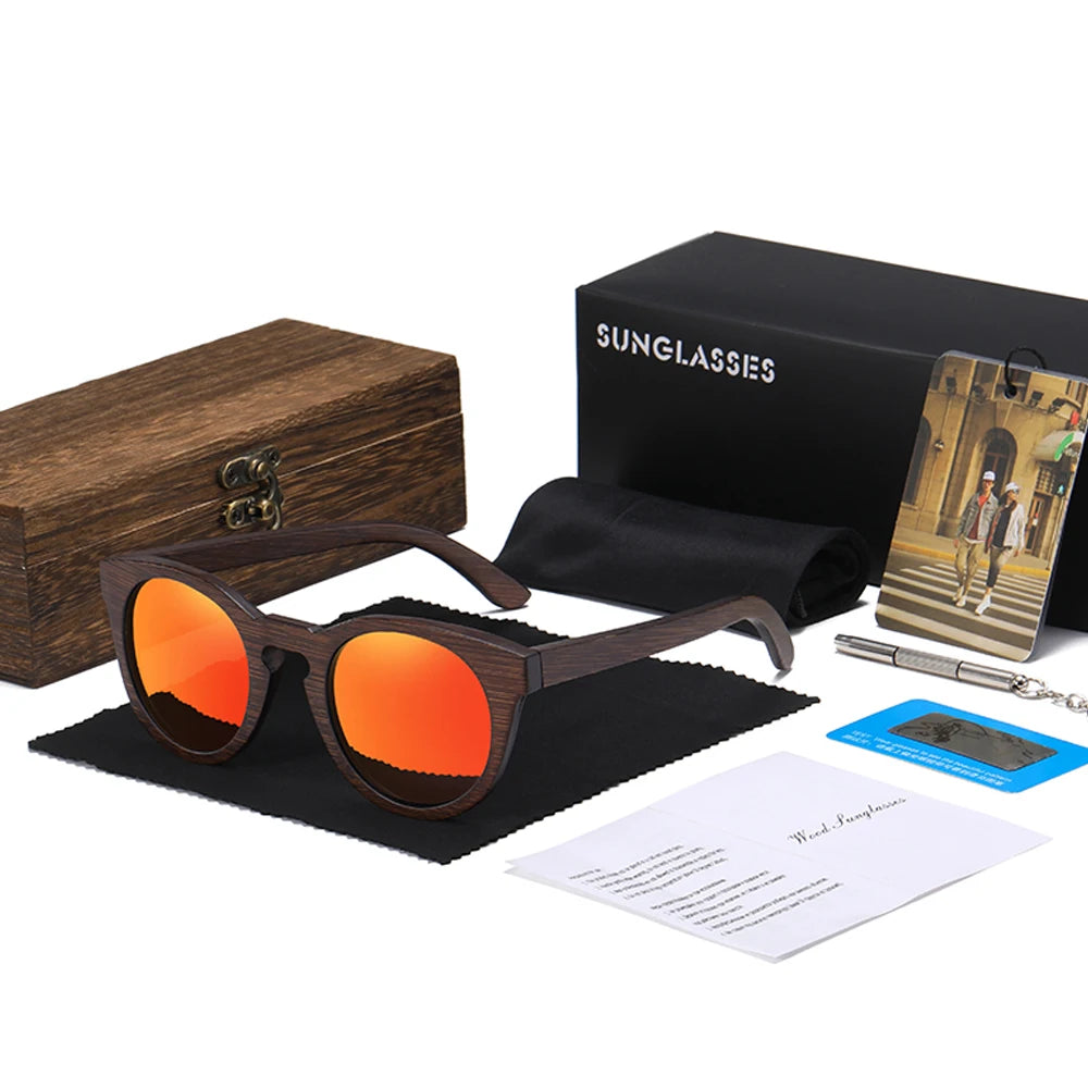Oval Wood Sunglasses – Polarized Mirror UV400 Lenses | Unisex Round Style