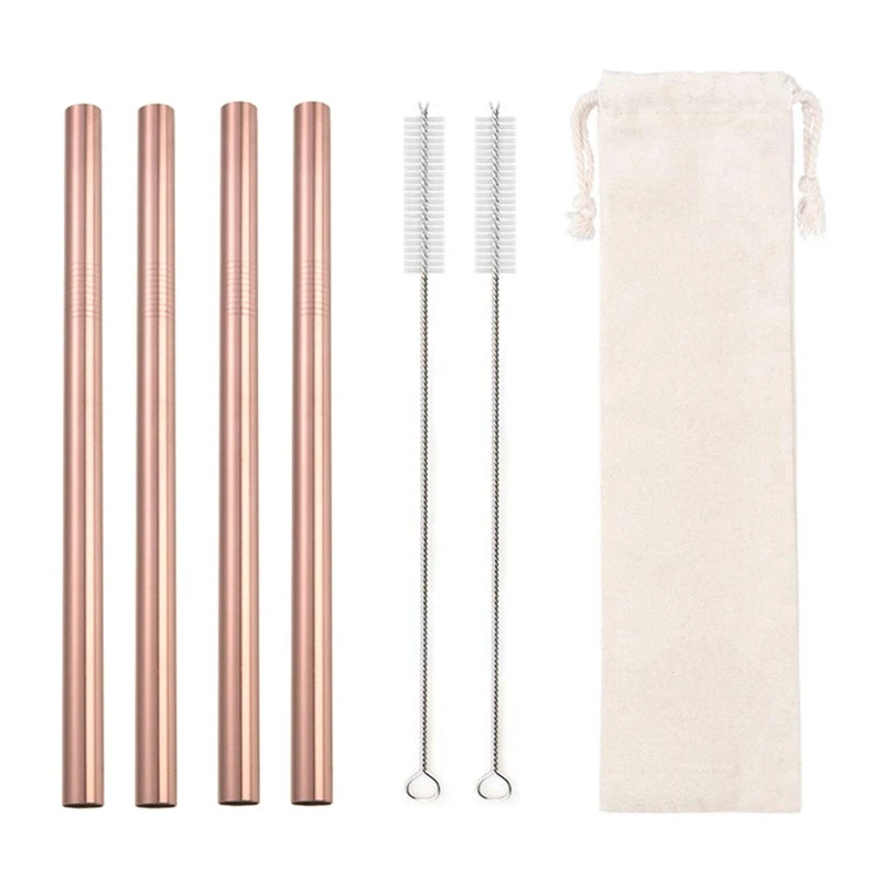 Reusable Stainless Steel Straws – 4pcs Wide Smoothie Straws with Cleaning Brush
