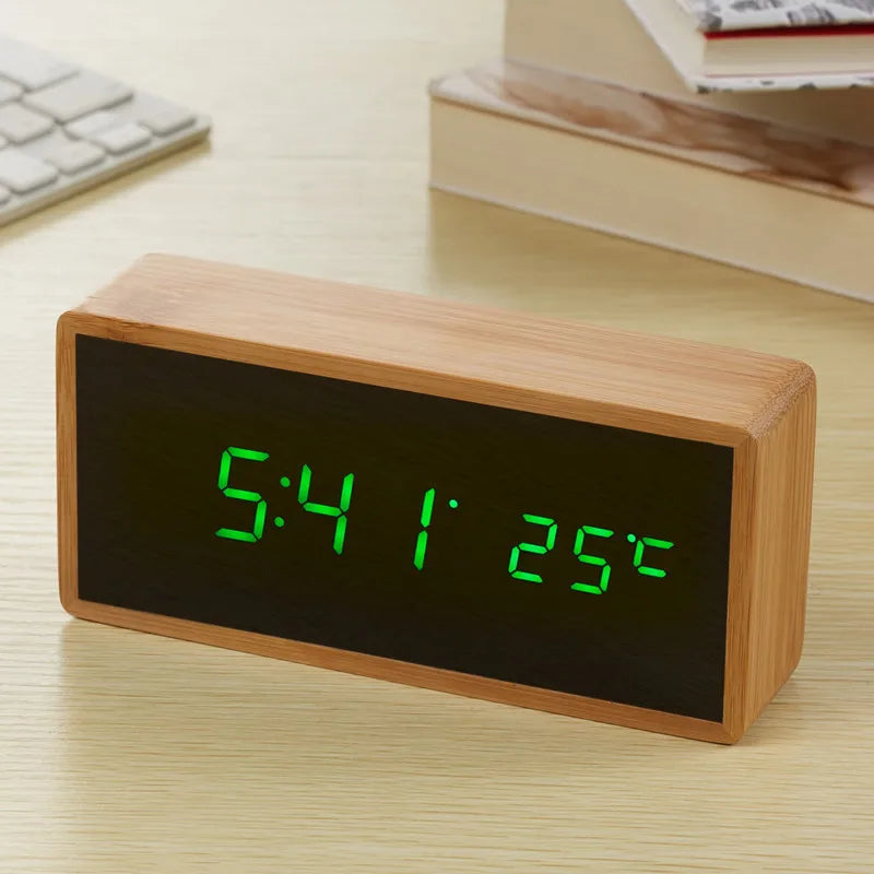 Bamboo LED Alarm Clock - Digital Mirror Clock with Temperature Display