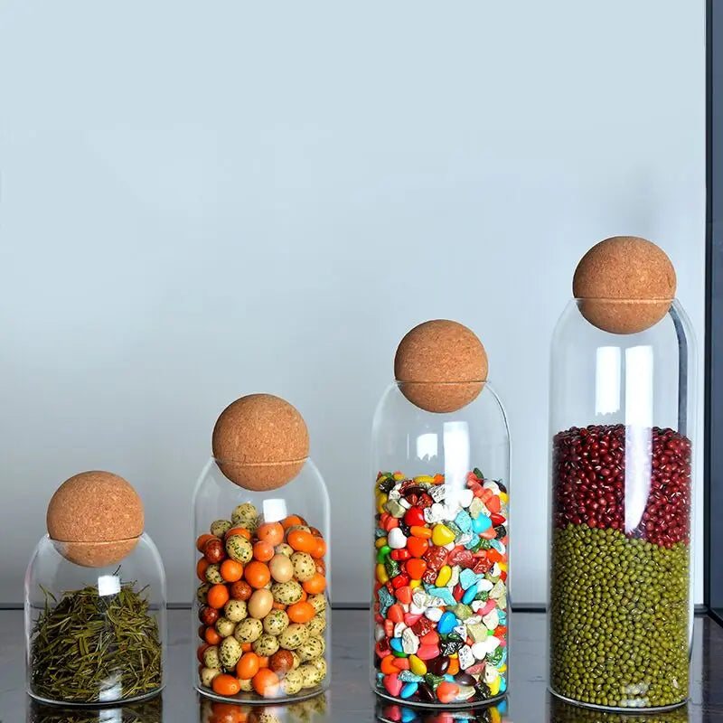 Hand-Blown Glass Storage Jar with Cork Lid - Airtight Kitchen Canister | S, M, L