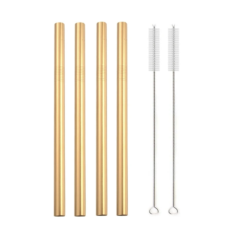 Reusable Stainless Steel Straws – 4pcs Wide Smoothie Straws with Cleaning Brush