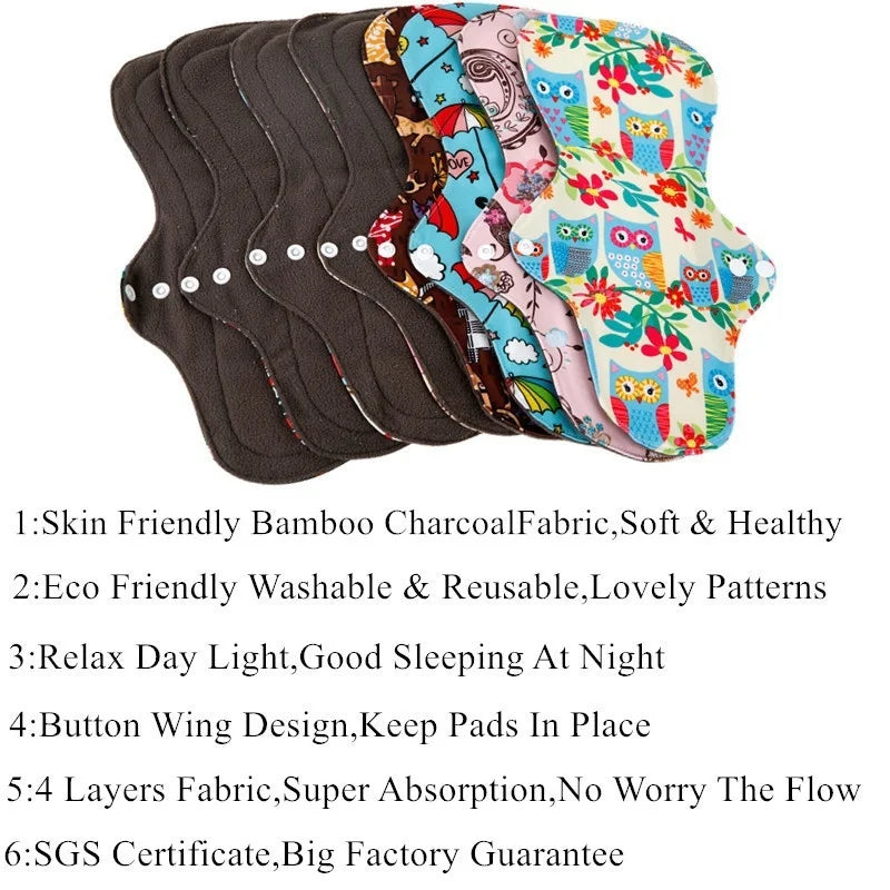 Reusable Bamboo Charcoal Cloth Menstrual Pads – Heavy Flow / Overnight | 10-Pack