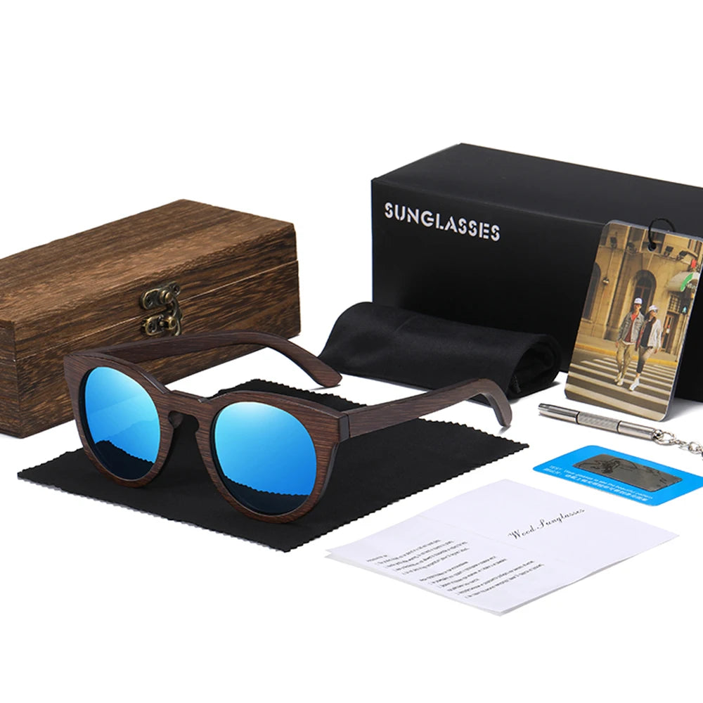 Oval Wood Sunglasses – Polarized Mirror UV400 Lenses | Unisex Round Style