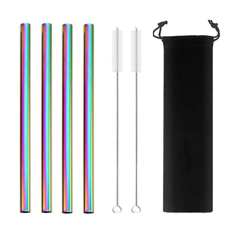 Reusable Stainless Steel Straws – 4pcs Wide Smoothie Straws with Cleaning Brush