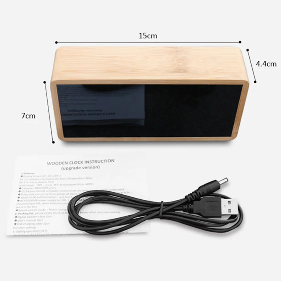 Bamboo LED Alarm Clock - Digital Mirror Clock with Temperature Display