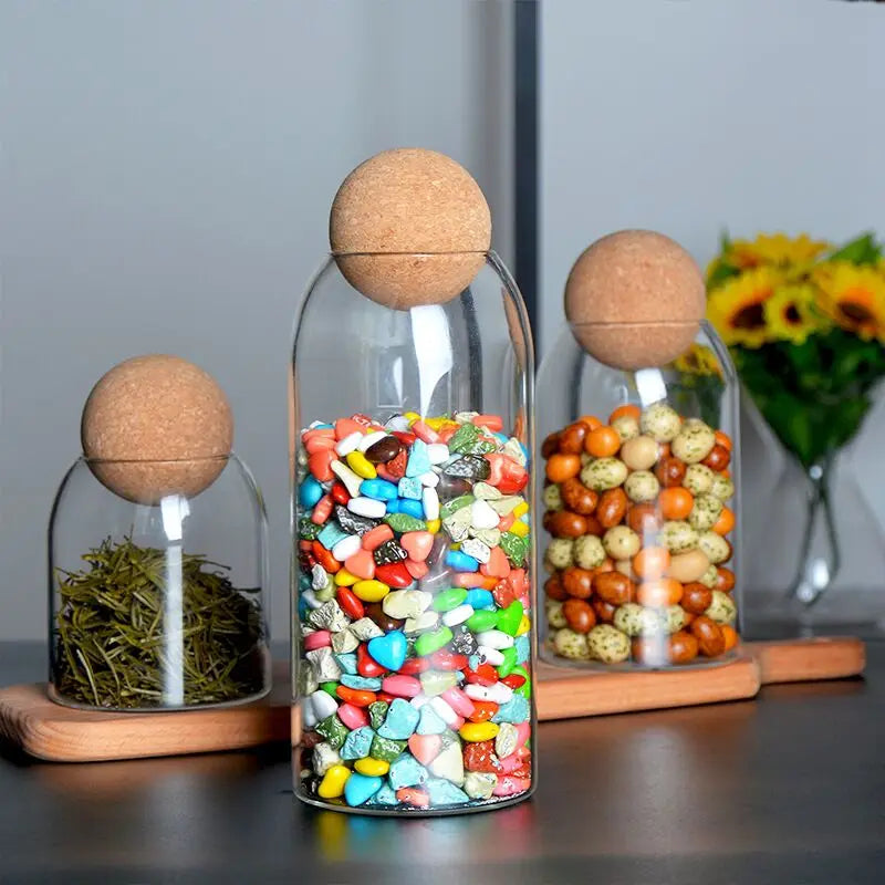 Hand-Blown Glass Storage Jar with Cork Lid - Airtight Kitchen Canister | S, M, L
