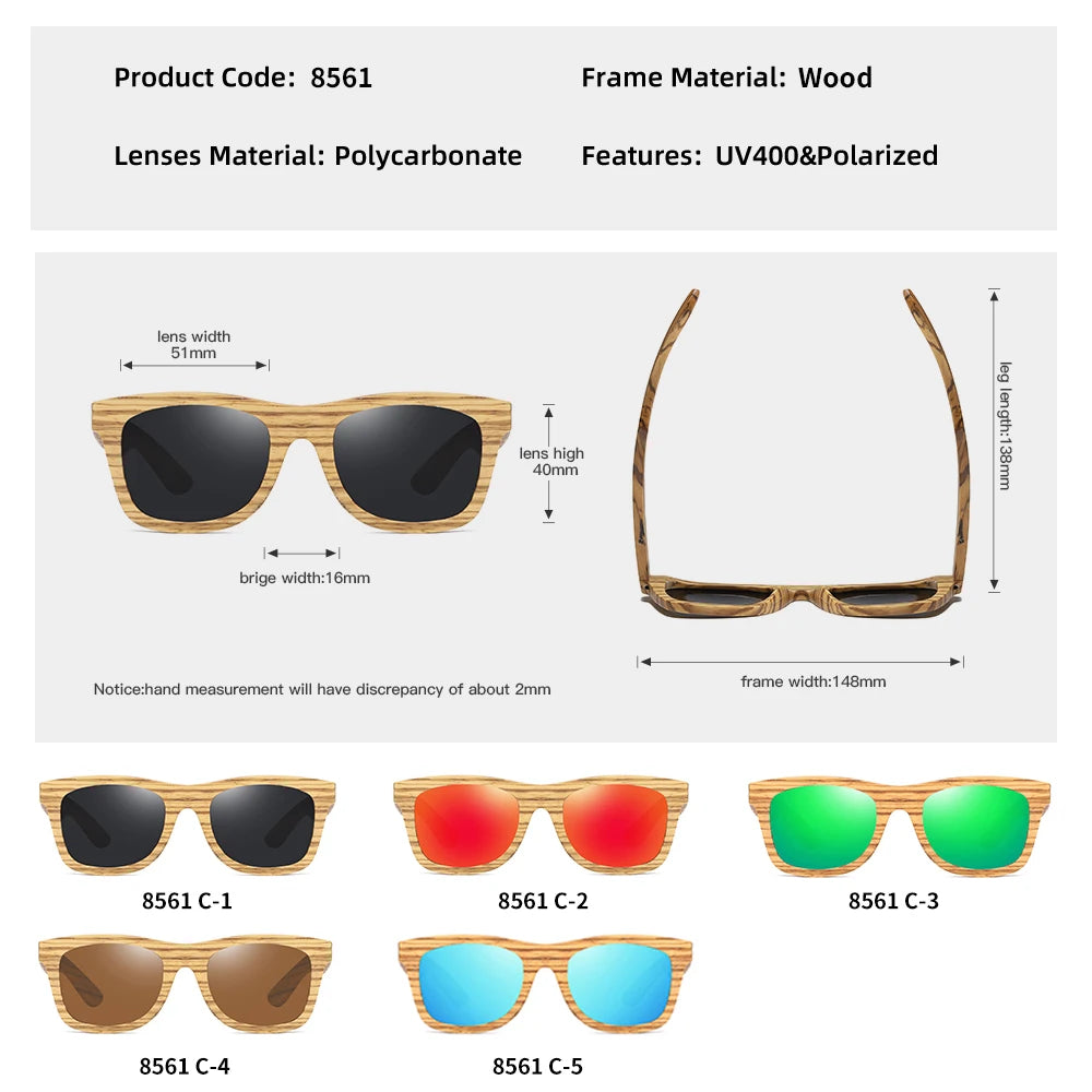 GM Zebra Wood Sunglasses – Slim Unisex Pilot Style | Polarized UV400 | Gift Box | Model 8561