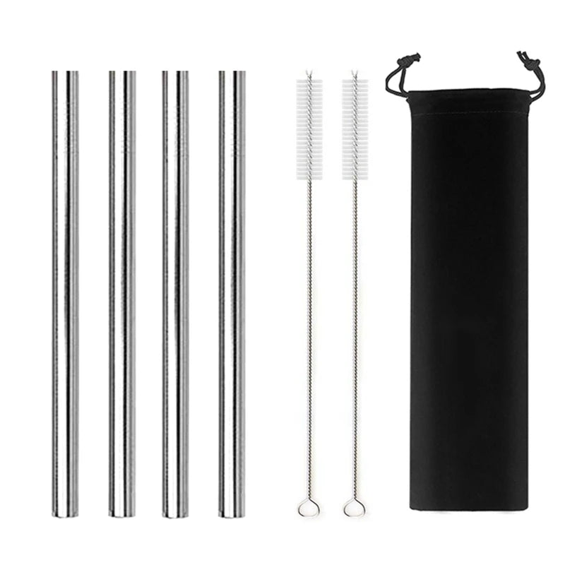 Reusable Stainless Steel Straws – 4pcs Wide Smoothie Straws with Cleaning Brush