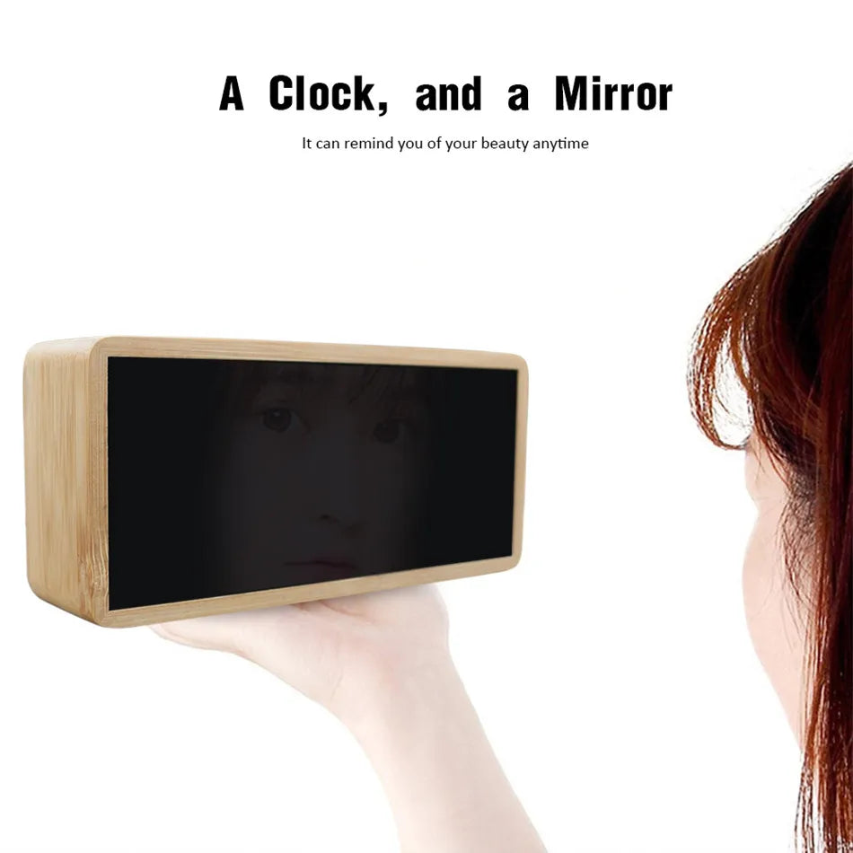 Bamboo LED Alarm Clock - Digital Mirror Clock with Temperature Display