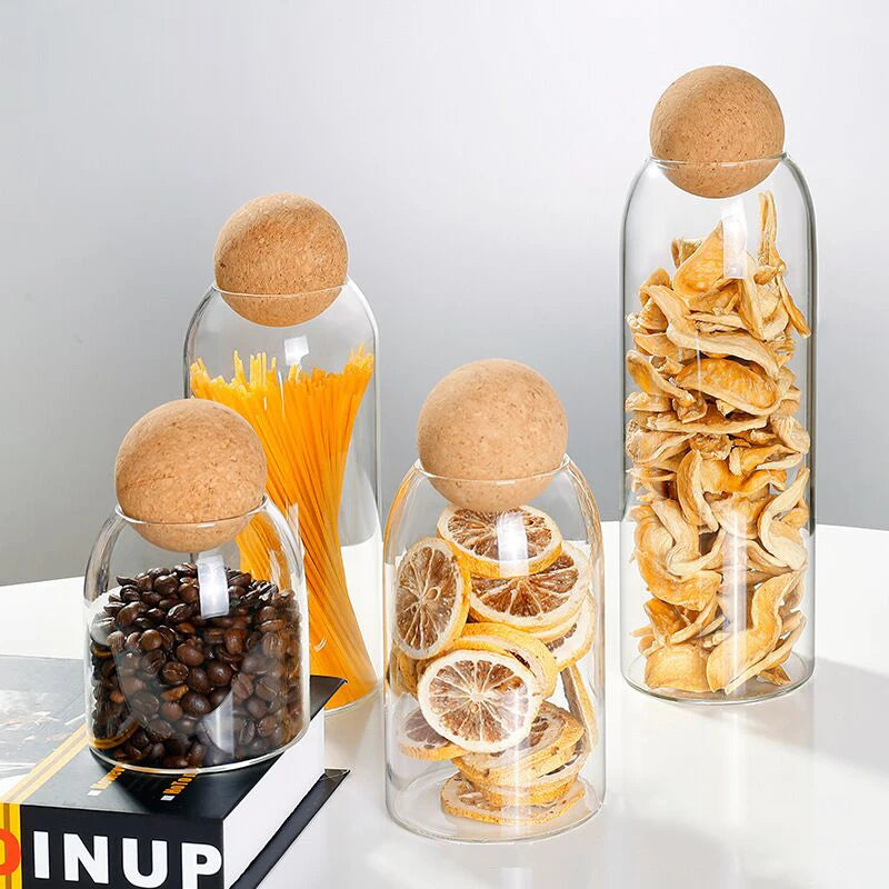 Hand-Blown Glass Storage Jar with Cork Lid - Airtight Kitchen Canister | S, M, L