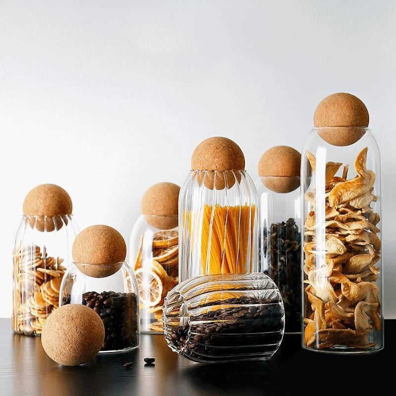 Hand-Blown Glass Storage Jar with Cork Lid - Airtight Kitchen Canister | S, M, L