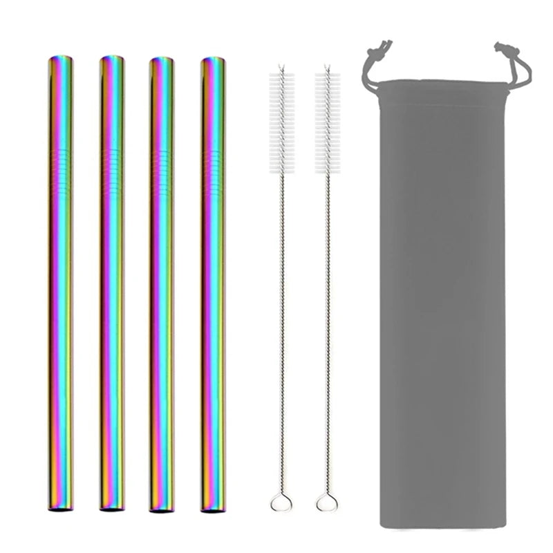 Reusable Stainless Steel Straws – 4pcs Wide Smoothie Straws with Cleaning Brush