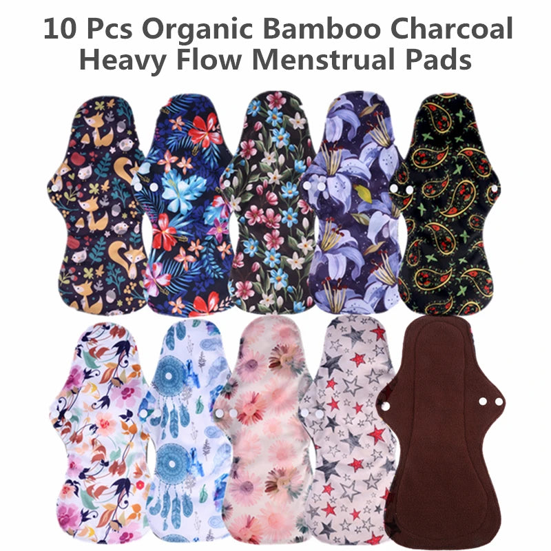 Reusable Bamboo Charcoal Cloth Menstrual Pads – Heavy Flow / Overnight | 10-Pack