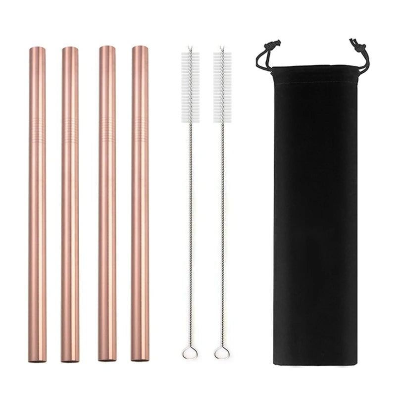 Reusable Stainless Steel Straws – 4pcs Wide Smoothie Straws with Cleaning Brush