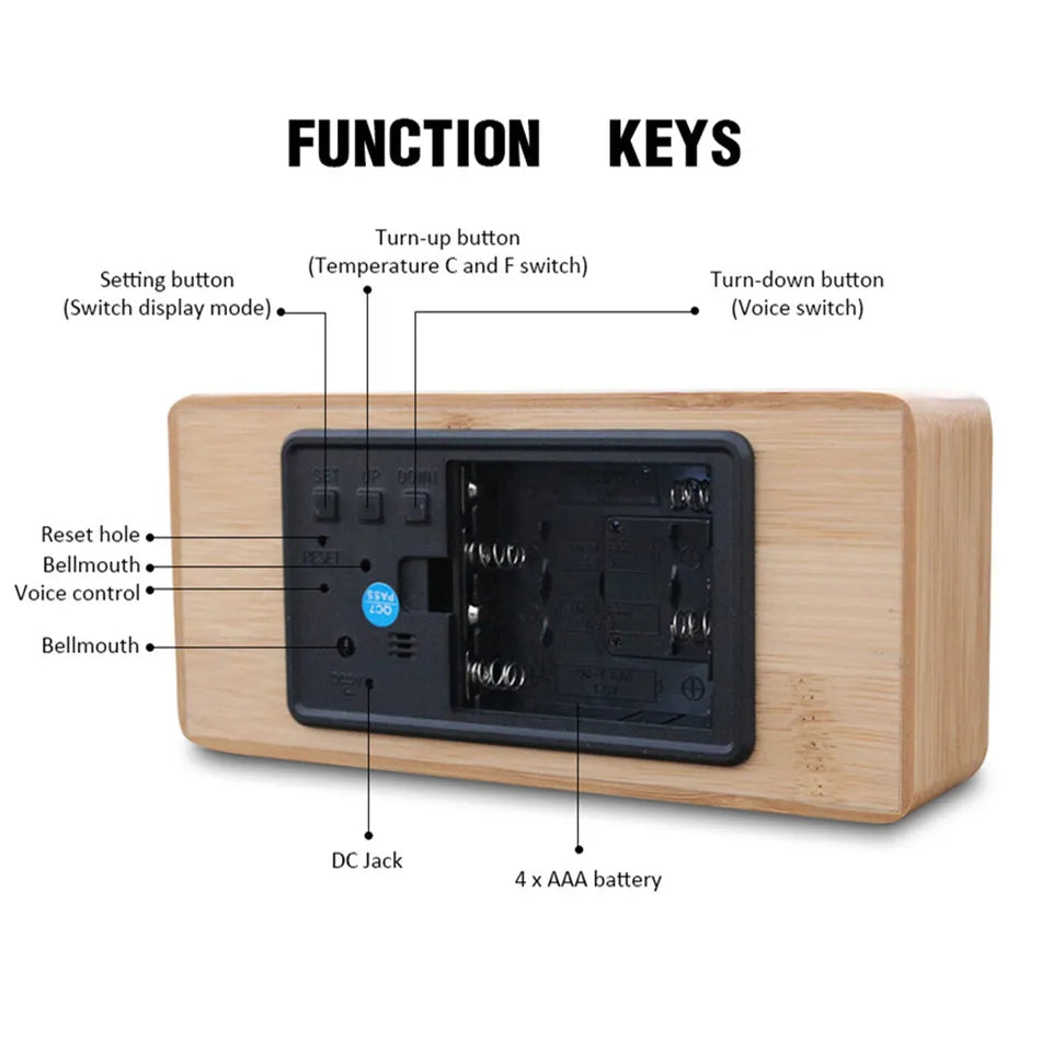 Bamboo LED Alarm Clock - Digital Mirror Clock with Temperature Display