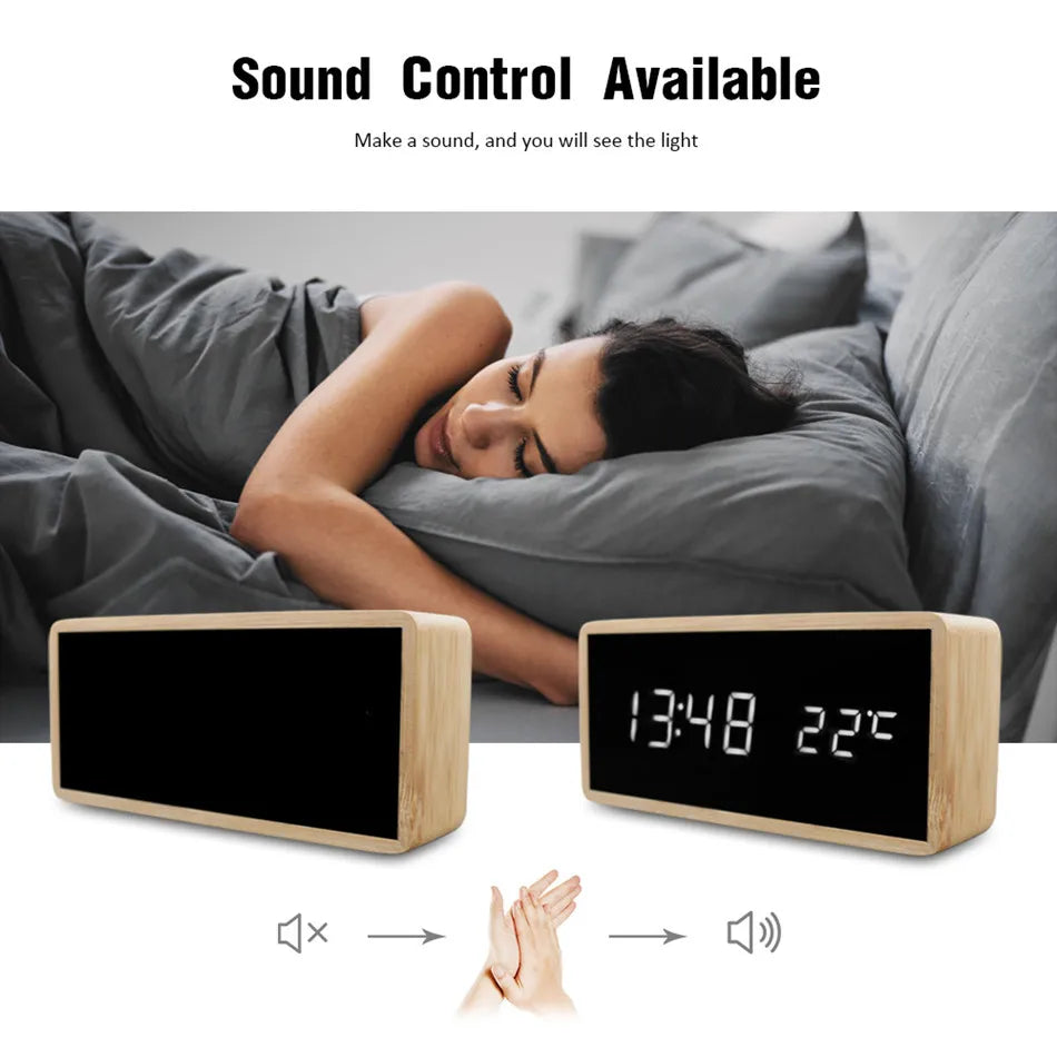 Bamboo LED Alarm Clock - Digital Mirror Clock with Temperature Display