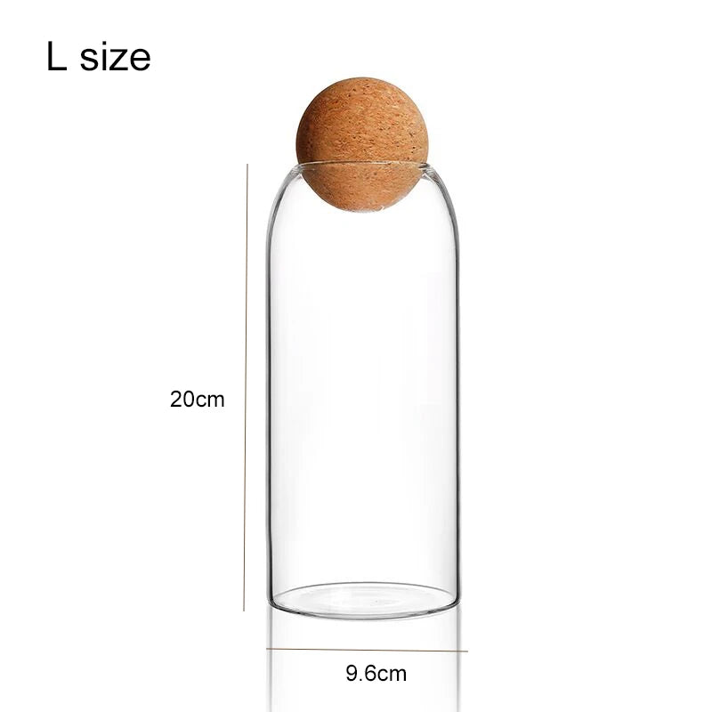 Hand-Blown Glass Storage Jar with Cork Lid - Airtight Kitchen Canister | S, M, L