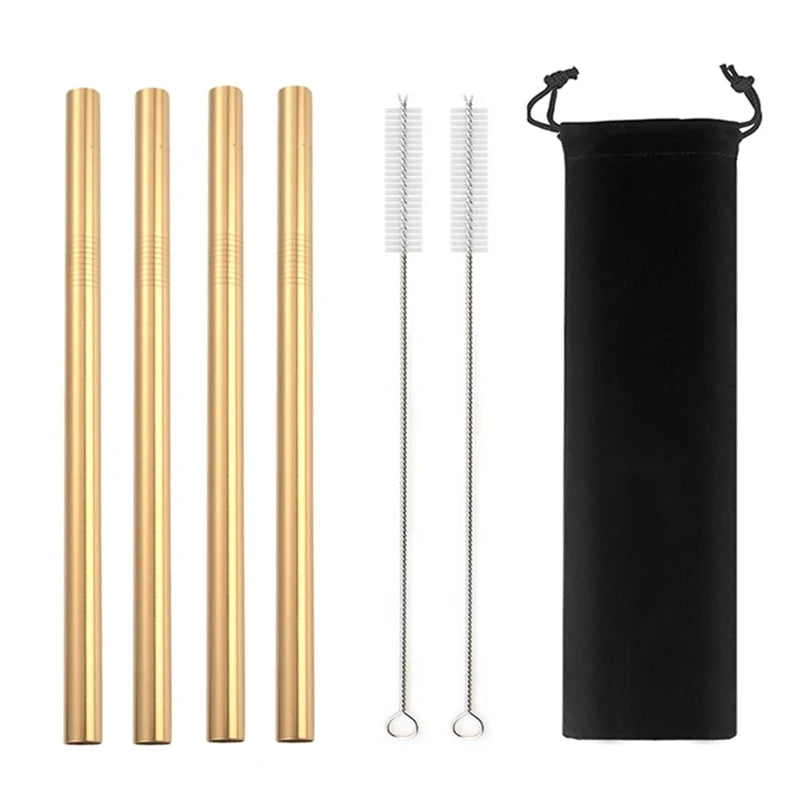 Reusable Stainless Steel Straws – 4pcs Wide Smoothie Straws with Cleaning Brush