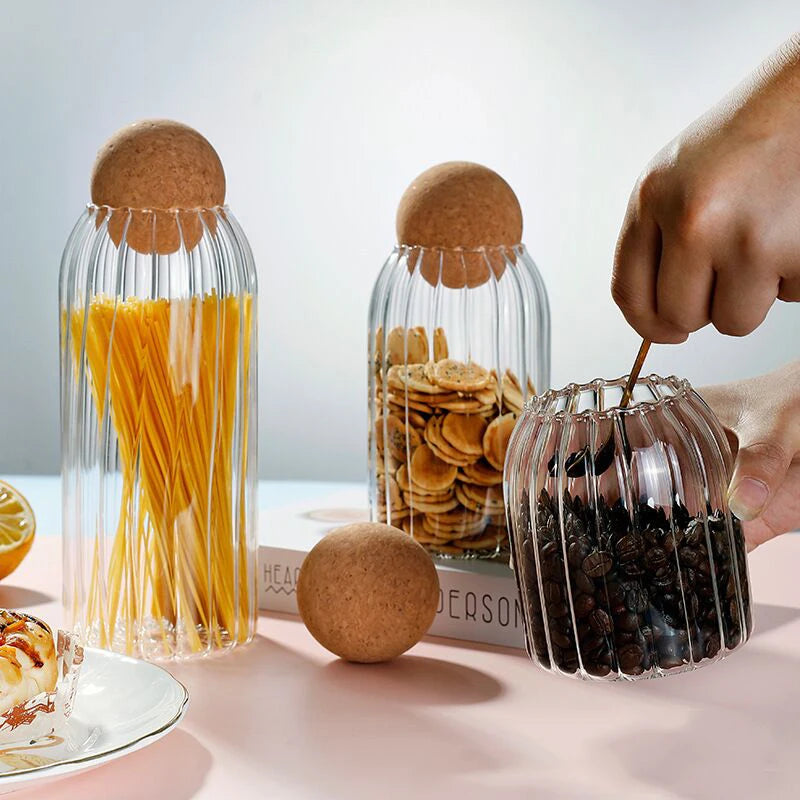 Hand-Blown Glass Storage Jar with Cork Lid - Airtight Kitchen Canister | S, M, L