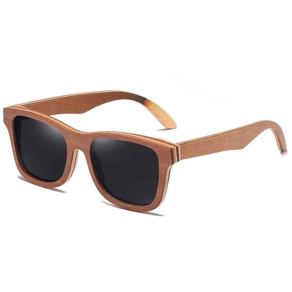 Polarised Sunglasses with Skateboard Wood Frame — UV400, Cat 3, Wooden Gift Box | Model 832