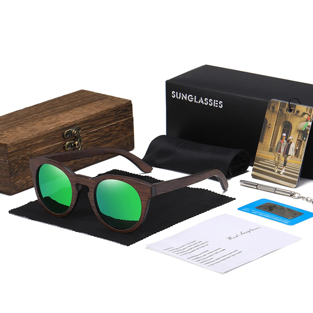 Oval Wood Sunglasses – Polarized Mirror UV400 Lenses | Unisex Round Style