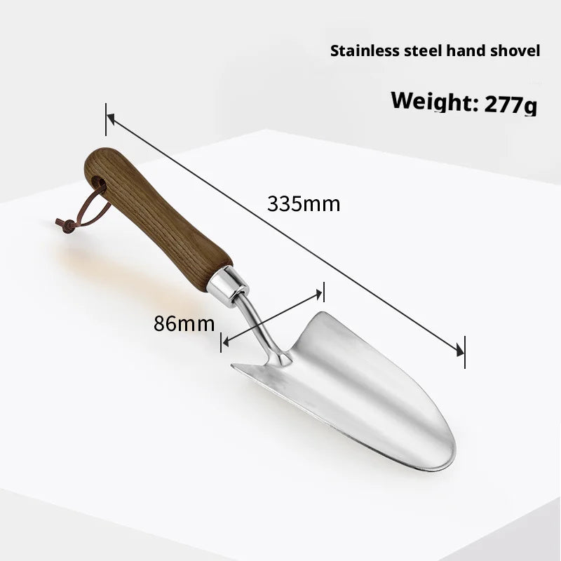 Stainless Steel Garden Tool Set – Fork, Rake, Hoe & Shovel with Antique Wood Handle