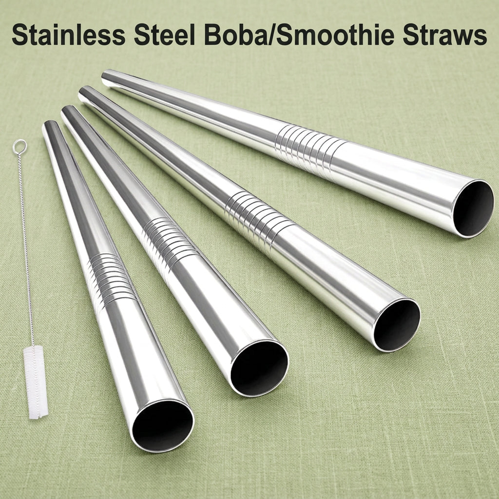 Wide Stainless Steel Boba/Smoothie Straws with Cleaning Brush – Set of 4
