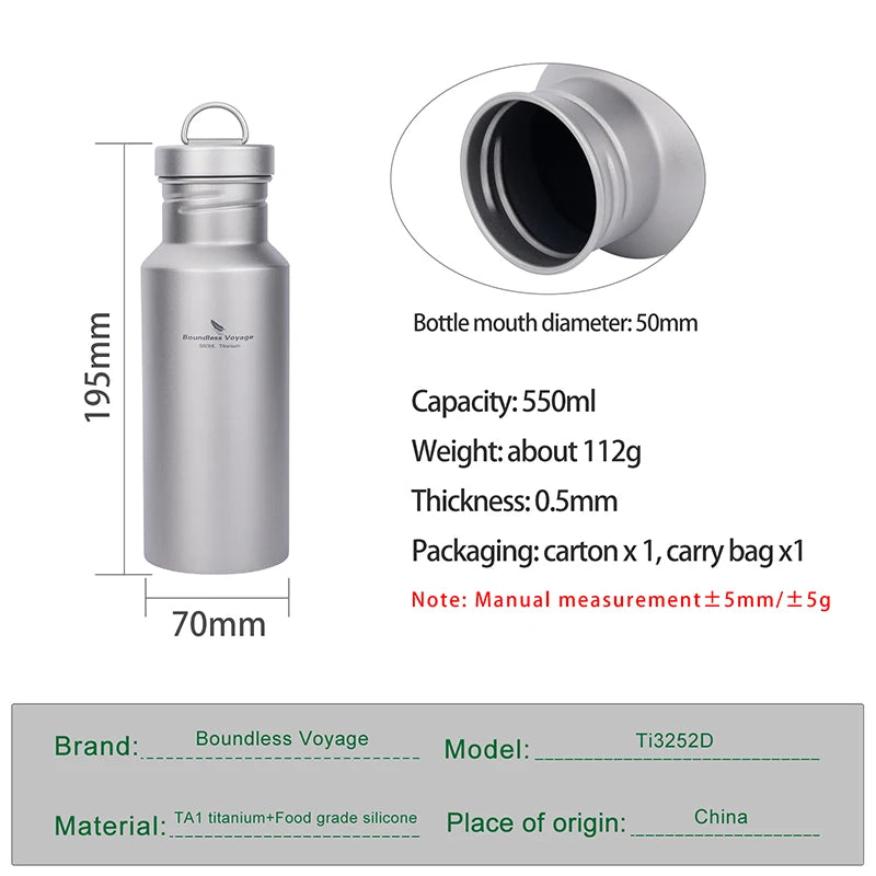 Boundless Voyage Titanium Water Bottle – 400ml, 550ml or 750ml