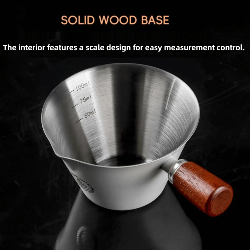 Stainless Steel Espresso Shot Cup with Walnut Wood Handle – 100ml Double Shot Measuring Cup