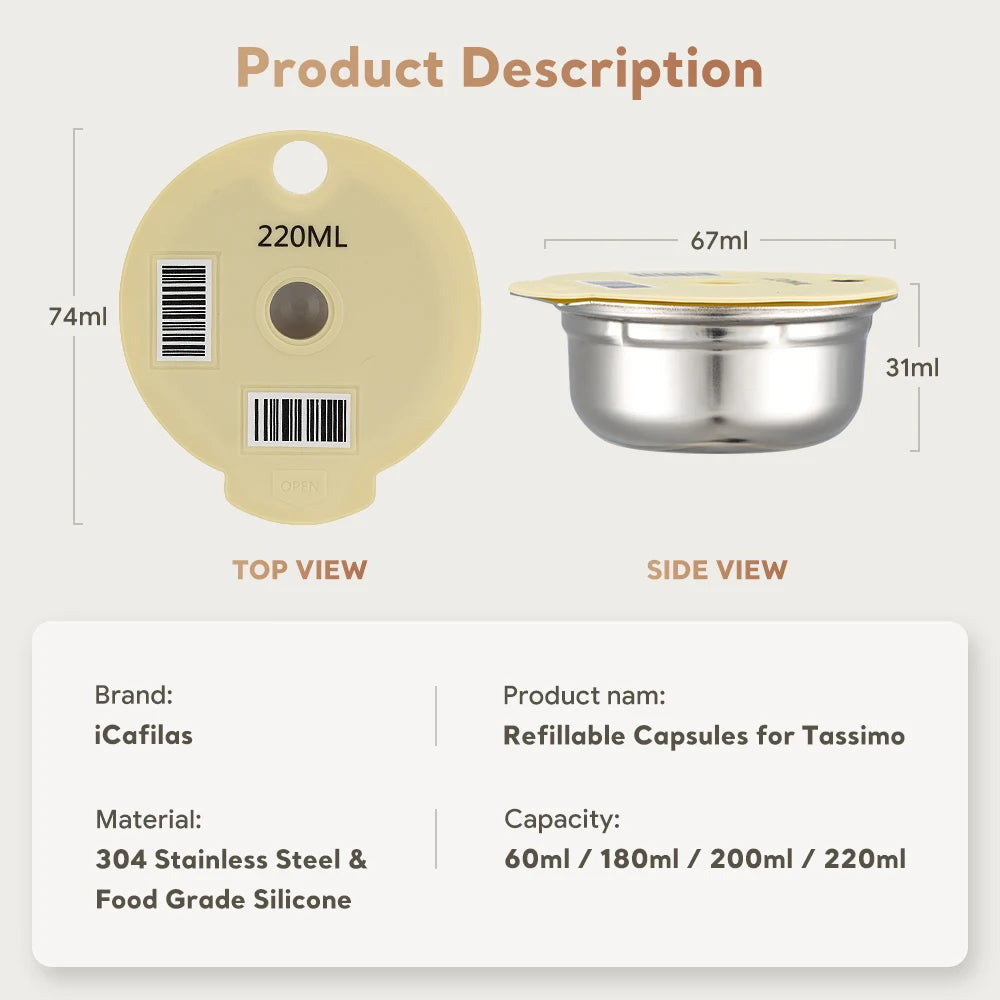 304 Stainless Steel Reusable Coffee Pod | Compatible with Tassimo Machines | 60ml–220ml