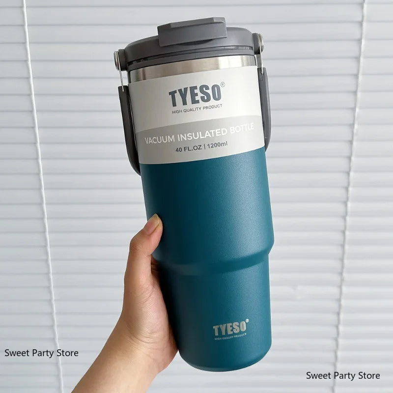 TYESO Insulated Tumbler with Straw & Handle – 600ml to 1200ml | Hot & Cold Flask