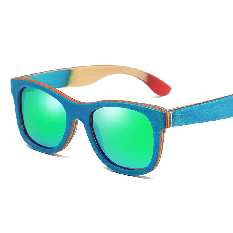 Polarised Sunglasses with Skateboard Wood Frame — UV400, Cat 3, Mirrored Lenses, Wooden Box | W033