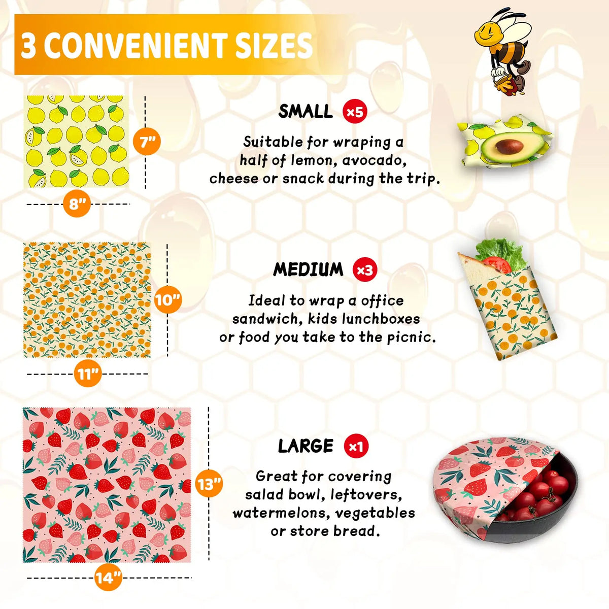 Reusable Beeswax Food Wraps | 9-Piece Set | 3 Sizes | Cotton, Beeswax, Resin & Jojoba Oil