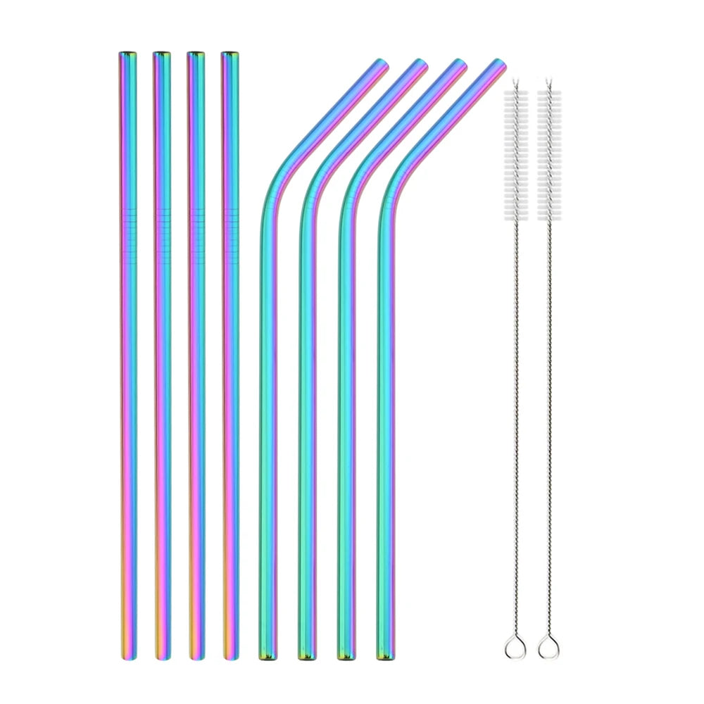 Snplowum Reusable Stainless Steel Straws – Straight & Bent | Rainbow & Silver | CE/EU LFGB SGS Certified
