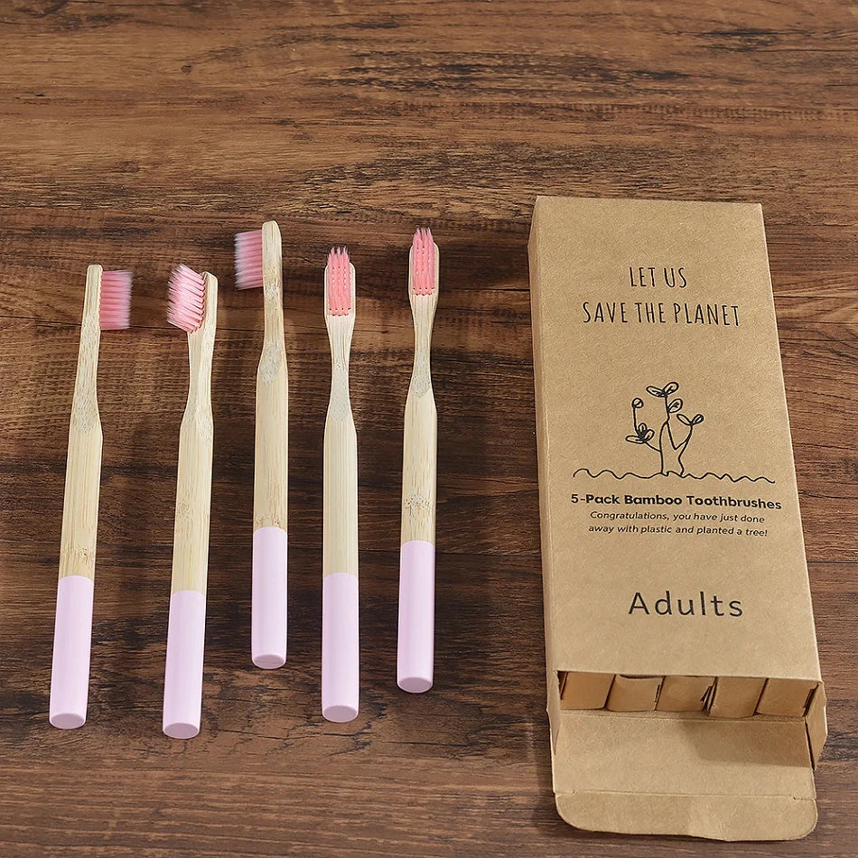 Bamboo Handle Toothbrushes, 5-Pack, Nylon Bristles