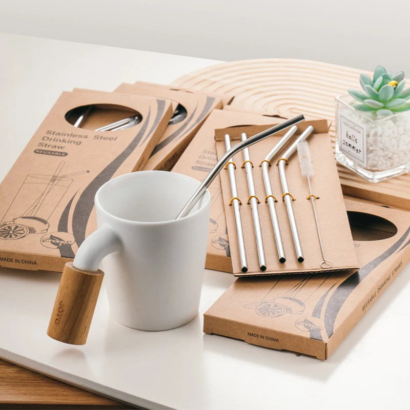 Reusable Stainless Steel Straw Set with Brush – 4 Straws