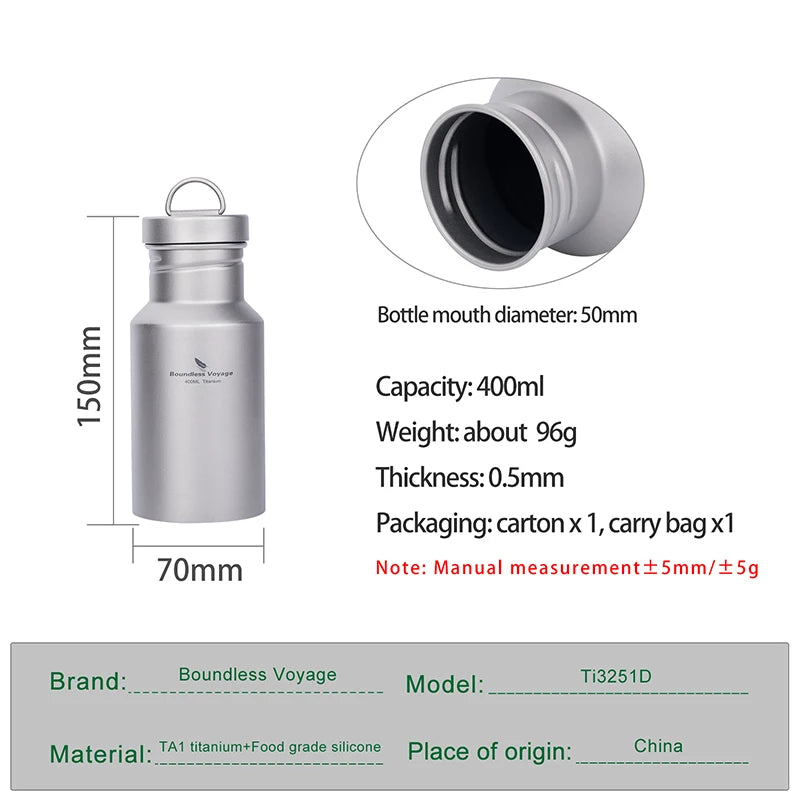 Boundless Voyage Titanium Water Bottle – 400ml, 550ml or 750ml