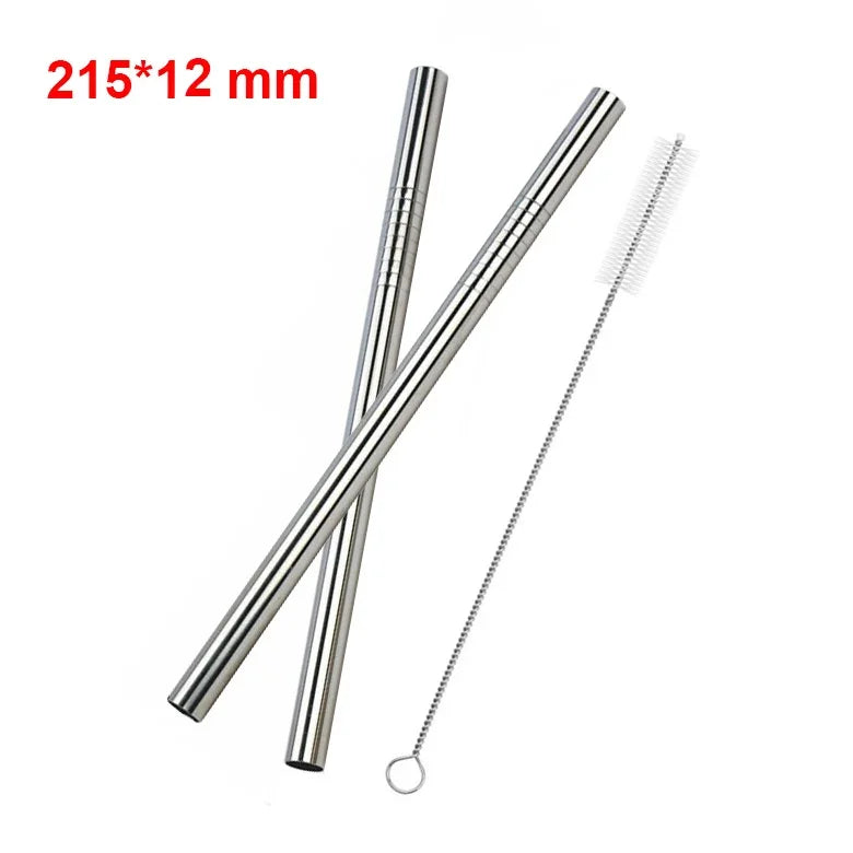 Reusable Stainless Steel Smoothie Straws – 2pcs Wide Metal Straws with Cleaning Brush
