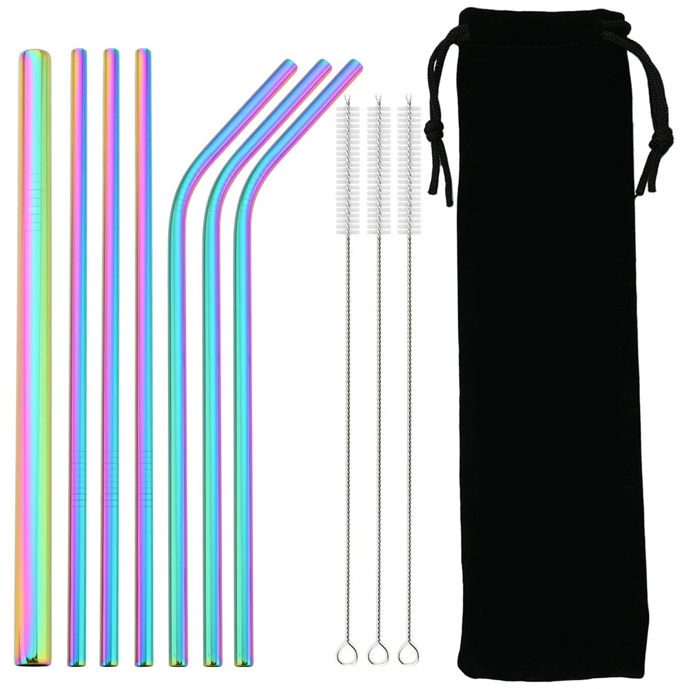 Snplowum Reusable Stainless Steel Straws – Straight & Bent | Rainbow & Silver | CE/EU LFGB SGS Certified